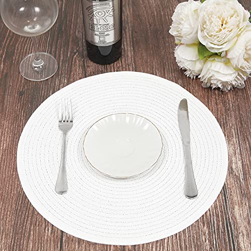 Image of SHACOS Round Braided Placemats Set of 6 Round Table Mats for Dining Table 15 inch Washable Cotton Polyester Place Mat (White, 6)