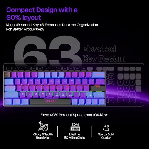Image of Archer Tech Lab Wired Mechanical Gaming Keyboard| 60% Compact, 63 Keys+ 26 Anti-Ghosting, Blue Switches Tactile Feedback, 17 RGB Effects, 50 Million Clicks for Laptop Mac PS4 PS5 Xbox (Astra M400)