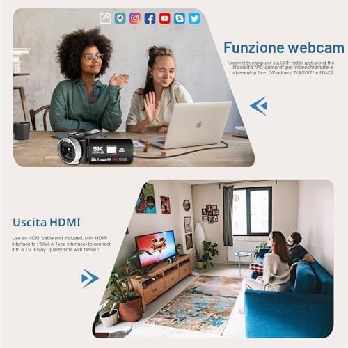 Videocamera 5K, videocamera 64 MP con zoom digitale 18x, WiFi, visione notturna IR, telecamera per YouTube, touch screen, include scheda SD, microfono, 2 batterie, telecomando