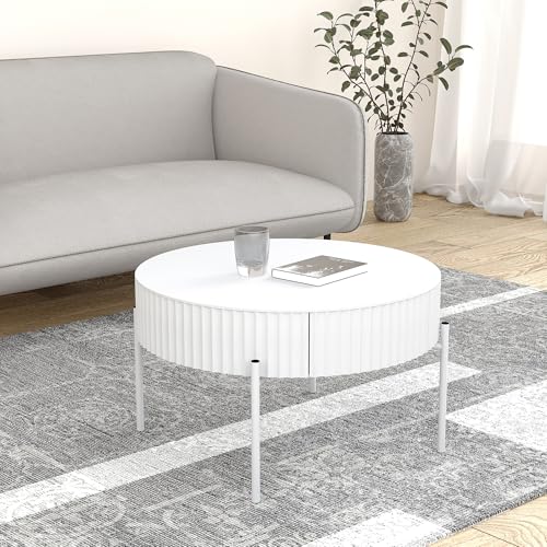 [en.casa] Mesa de Centro Rill Redonda con Cajón para Salón Dormitorio Oficina Mesa Auxiliar Mesilla de Noche Base Robusta Estable Versátil MDF Metal 36 x Ø 60 cm - Blanco
