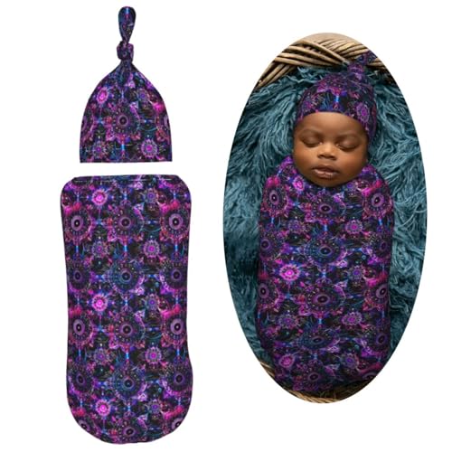 Image of Neon Bohemian Mandala Newborn Swaddle Blankets Hat Sets Soft Baby Receiving Blanket Swaddle Sack for Baby Shower Infant Boy Girl Gift