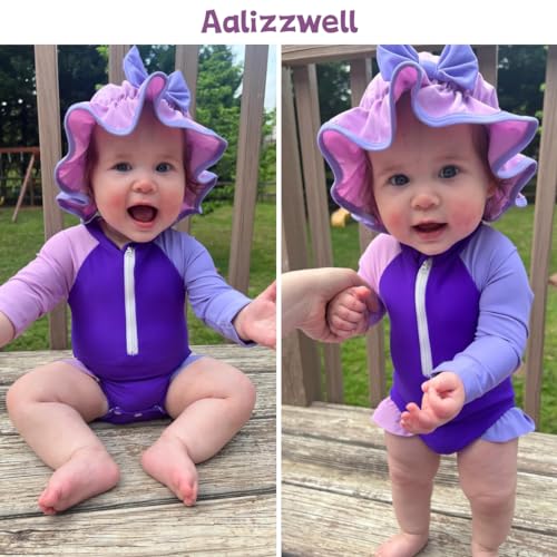 Image of Aalizzwell Baby Girls Long Sleeve One Piece Swimsuit with Hat