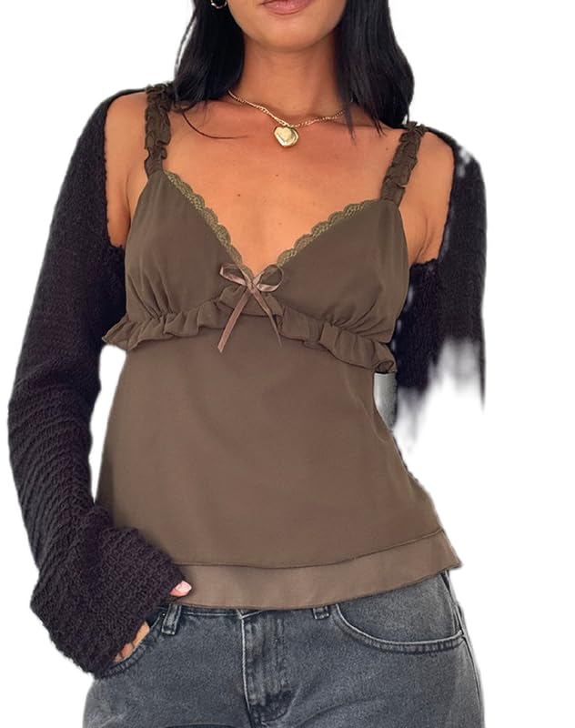Argeousgor Women Sexy Babydoll Lace Cami Top Frill Trim V Neck