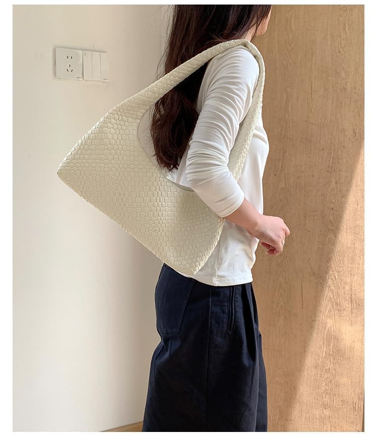Vintage Woven Shoulder Bag for Women - Soft PU Leather Crossbody Bags with Adjustable Strap, Spacious Tote (Beige)