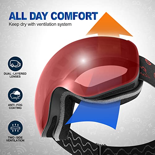 Odoland Detachable Magnetic Kids Snow Ski Goggles, Uv400 Anti-Fog Windproof Eyewear Lens For Kid Snowboarding Skiing,Black Frame Orange Lens, Vlt 25% #TOP4