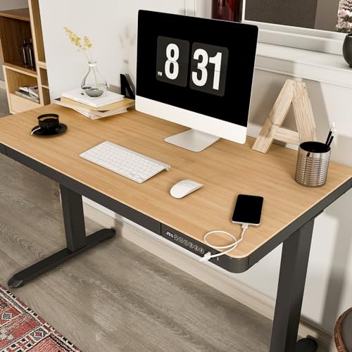 Image of FLEXISPOT 48 inch Electric Standing Desk with Drawers, USB Charging Ports, Quick Assembly, Height Adjustable Sit Stand Desk with Child Lock for Natural Home Office, Bamboo Finish Top /Black Legs