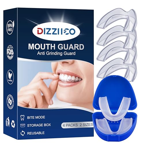 Férula dental para noche, 4 unidades, 2 tamaños, protector bucal, utilizado para reducir el rechinamiento dental, eficaz protector contra ronquidos y férula dental, reutilizable y mejora el sueño