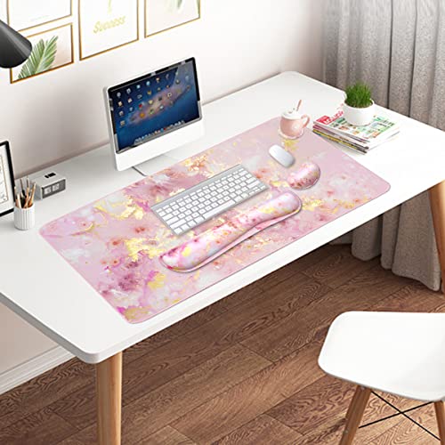 Image of 4-in-1 Large Gaming Mouse Pad, Keyboard Wrist Rest Pad & Wrist Support Mousepad Set, Extended Desk Pad Waterproof Desk Mat for Home Office Study Game-Pink Gold Marble