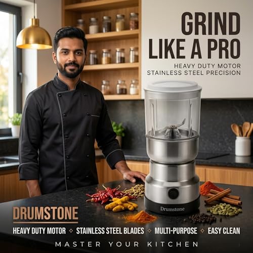 Image of Drumstone Big Electric Grinder for Kitchen | Heavy Duty Multipurpose Dry Grinder with Stainless Steel Blades & Powerful Motor | Spice, Masala, Coffee Bean & Grain Grinding Machine | Silver