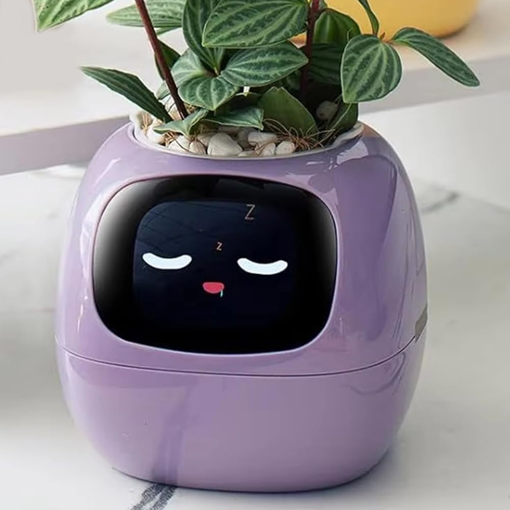 Robot Plantation Pots Fleurs pour Animaux Compagnie AI 7 Capteurs Intelligents Jardinière Intelligente Affichage la Température et L'Heure des Plantes Pots Fleurs Jaune