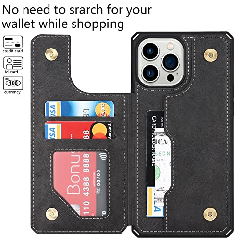 Image of Cavor for iPhone 14 Pro Case with Card Holder,for iPhone 14 Pro Wallet Case for Women Men,Phone Case for iPhone 14 pro with Stand Credit Card Holder, Leather Strap Shockproof Cover- Black