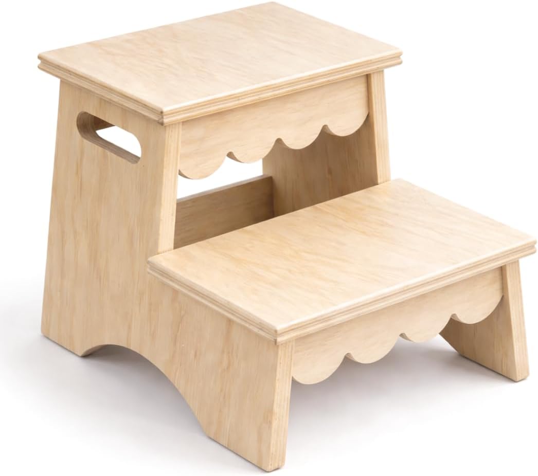CAALMA Toddler Step Stool, Wooden Step Stool for Toddlers, Scalloped Kids Step Stool for Bathroom, Bedroom & Kitchen, Non Slip A-Shaped Toddler Bathroom Step Stool, Montessori Two Step Stool for Kids