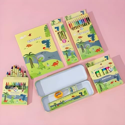 Image of WISHKEY 41 Pieces Dinosaur Theme All-in-One Stationery Set Stationery Items with Pencil Box Notebook Scale Eraser Sharpener Crayons Color Pencils Color Pens Pencils Return Gift for Birthday Kids 6+