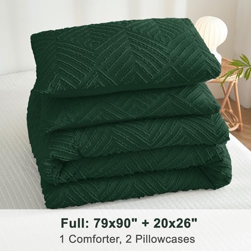 Image of Litanika Emerald Green Full Comforter Set, 3 Pieces Dark Green Tufted Boho Farmhouse Bedding Comforter Sets, Lightweight Fluffy Comforter Bed Set for All Season (79x90In Comforter and 2 Pillowcases)