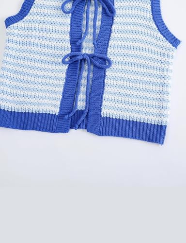 Image of Yvipette Women Sweater Vest Sleeveless Crochet Tops Casual Color Block Tie Back Knit Tank Tops Striped Crop Tank Tops
