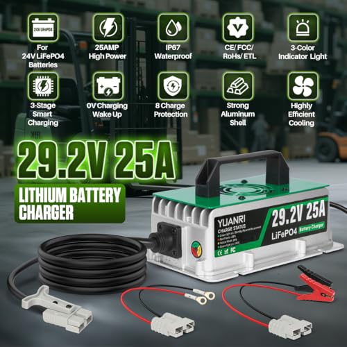 Image of 24V 25A LiFePO4 Battery Charger, IP67 Waterproof 29.2V Lithium Battery Charger, 0V Wake Up, 3-Color Indicator, Smart 25 AMP Lithium Charger for 25.6V LiFePO4 Batteries for Solar /RVs /Marine /Boat