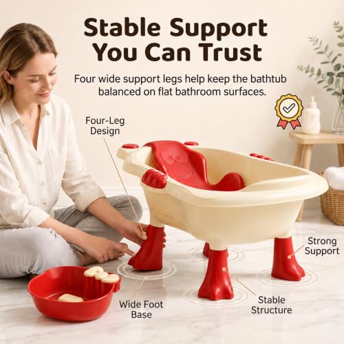 Image of StarAndDaisy Baby Bath Tub for 0 to 5 Years with Bathing Accessories Tray & Mug | Baby Bather for 0 to 2 Years | BPA Free Baby Bath tub for Kids 0-3 Years with 4-Leg Support (Cream-Red., Bathtub with Legs)