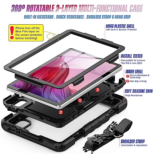 SIBEITU Case Compatible with Lenovo Tab M9 TB-310FU 2023 with Screen Protector Pen Holder, 9.0 Inch Three Layer Drop-Proof Protection Case with 360°Rotating Stand &Strap for Lenovo Tab M9