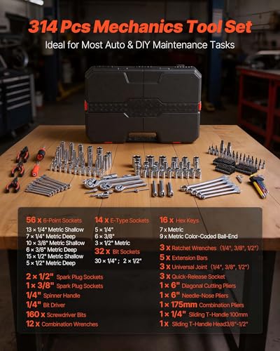 Image of VEVOR Mechanics Tool Set, 314-Piece Mechanic Tool Kit, 1 /4 in, 3 /8 in, and 1 /2 in Drive, Metric Socket Set, Wrenches, Screwdriver Bits, Accessories, and Storage Case, for Automotive and Home Repair