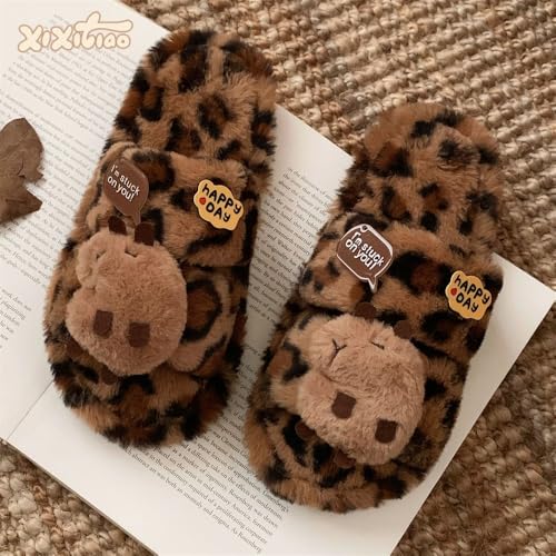 Capybara Slippers Cute Fuzzy Warm Plush Winter Shoes, Leopard Cozy Indoor Outdoor House Sandals Bedroom Comfort Wear Soft Cloud Slides Faux Fur Furry Lightweithg Anti-Skid Funny Grips Kawaii Slippers3