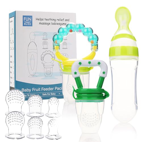 Image of Funbliss Baby Fruit Feeder Pacifier with Spoon Bottle | BPA-Free Silicone Teething Toy | Mesh Fresh Food Feeder for Babies | Infant Teether and Feeding Pacifier Set | Dishwasher and Boil Safe Green