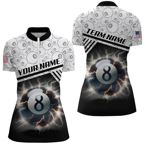 Personalized Thunder Lighting 8 Ball Billiard 3D Quarter Zip Shirts for Women 8 Ball Pool Jerseys V1011 Black, Purple