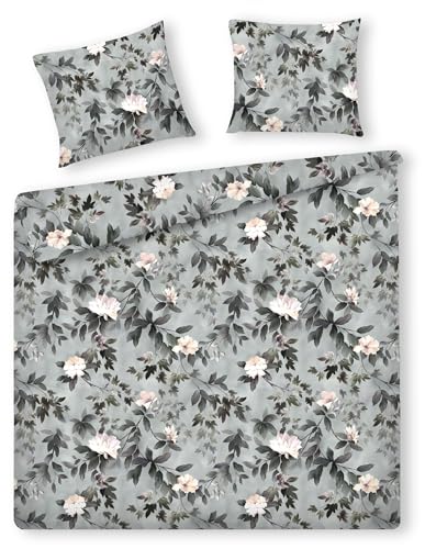 home&you - Bettwäsche 200x220cm Kasna, Bettbezug, 2X Kissenbezüge 70x80 cm, Bettwaren, Blumenmuster, Leinen, Bettlaken, Kopfkissen, Baumwolle, Satin, Sommerbettwäsche, 120 g/m² - Grün