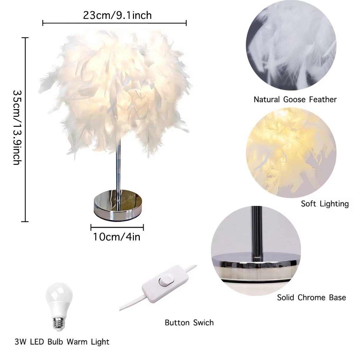GUANSHAN Elegante lampada da tavolo con piume con base bianca, semplice, romantica e bella lampada da comodino, paralume in piume per camera da letto, soggiorno, regalo di nozze
