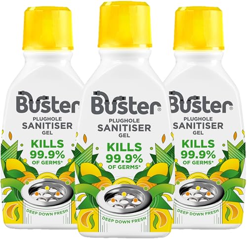 Buster Sanitiser Gel Citrus, 300ml, Pack of 3 – Stop Smelly Plugholes, Sinks & Drains - Removes Stains & Kills 99.9% Germs - Fast Acting - Long Lasting Sink & Drain Freshener