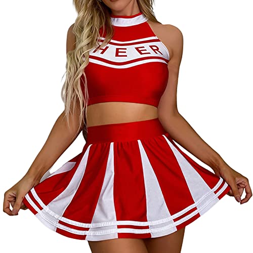 Lencería Divertida para Mujer, sin Mangas, con Falda a Rayas, Vestido de Dormir, Conjunto Sexy de Dos Piezas (Red, L)