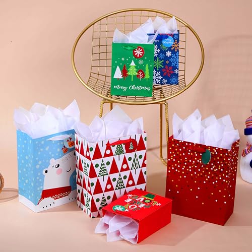 SUNCOLOR 6 Pack Christmas Gift Bags Assorted Sizes With Tissue paper (3 Large 13\", 3 Medium 9\",)