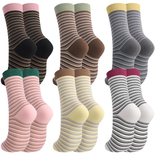 Image of Jspupifip 6 Pairs Womens Strip Crew Socks Cute College Style Ribbed Socks | Combed Cotton, Elastic Ribbed, Retro Stripe, for Work, Commuting, Shopping, Dating, Birthday, Sports, Home, Office