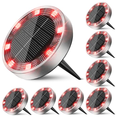 Peasur Mini Solar Ground Lights Outdoor 8 Pack Flat Solar Powered Disc Lights IP68 Waterproof Anti-Rust Landscape Lighting for Pathway Garden Yard Lawn Walkway Landscape Driveway Red