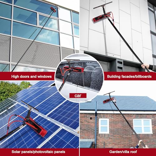 Kit de cepillo de limpieza de ventanas con poste de 9 m, cepillo alimentado por agua, dispensador de jabón y manguera de 20 m, ideal para paneles solares, limpiador de aluminio de 55 cm
