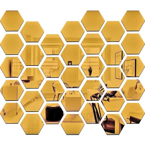 Image of Bikri Kendra - Hexagon 22 Gold Stickers, Mirror Stickers for, Acrylic Mirror Wall Decor Sticker, Hexagonal Wall Sticker
