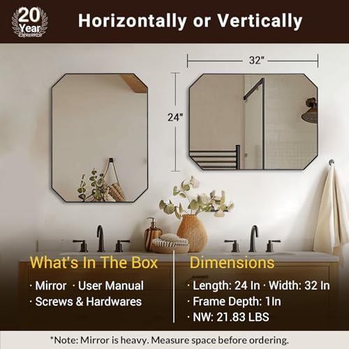 Image of ANDY STAR Black Octagon Bathroom Mirror, 24x32 Inch Stainless Steel Metal Frame, Anti-Rust, Shatterproof HD Glass, Wall Mounted for Bathroom, Bedroom, Living Room