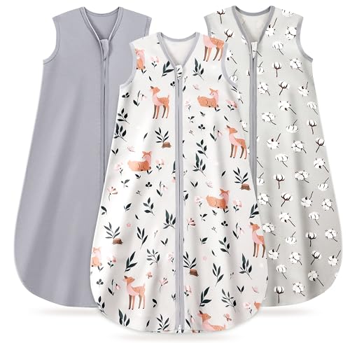 TURMEWU Baby Sleep Sack 6-12 Months, 100% Organic Cotton Wearable Blanket for Babies, 2-Way Zipper Lightweight Breathable Baby Sleeping Bag, 4 Sizes-M Cotton&Fawn&Grey