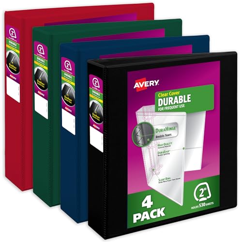 Image of Avery Durable View 3 Ring Binders, 2 Inch Slant Rings, 530-Sheet Capacity, Assorted Dark Colors, 4-Pack (05638) - for School, Office, Teachers, Classrooms & Home Organization