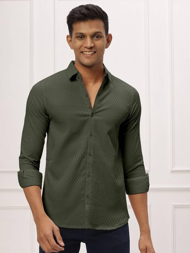 Image of Men's Polycotton Casual Textured Button Down Regular Fit Shirts Long Sleeve Shirt