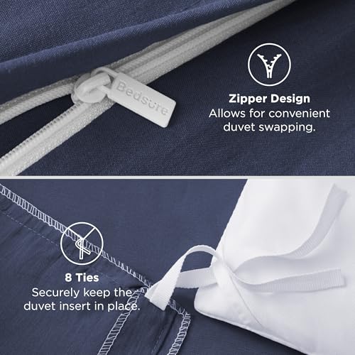 Image of Bedsure Navy Blue Duvet Covers Queen Size - Prewashed Cotton-Like Polyester Duvet Cover, Soft Queen Duvet Cover Set 3 Pieces with Zipper Closure, 1 Duvet Cover 90x90 inches and 2 Pillow Shams