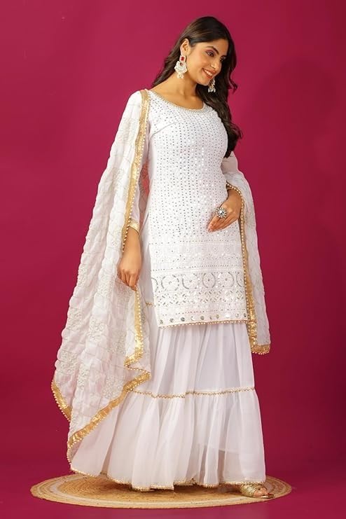Image of Women's Designer Chinon Silk Sharara Suit Set, Sequence Embroidery Kurti with Tiered Sharara and Dupatta