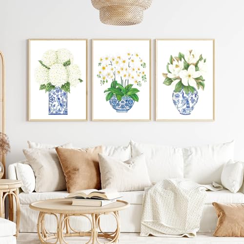 Chinoiserie Wall Art Prints Blue and White Chinese Vase Canvas Prints White Orchid & Pink Peony Watercolor Chinoiserie Canvas Wall Art Oriental Porcelain Art Painting for Home Bedroom Decor Unframed
