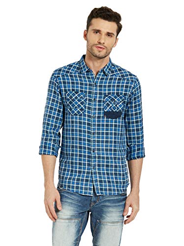 Image of Spykar Mens Cotton Blue Checked Shirts