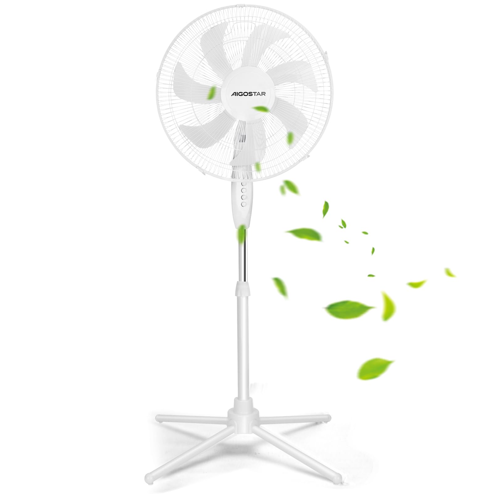 Aigostar Ventilateur sur Pied, 3 Vitesses, 7 Pales, Oscillation 75°, Stable et Silencieux, Hauteur réglable 108-125cm, 50W, Blanc - Erika