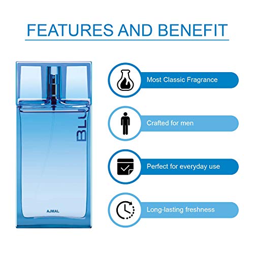Ajmal Blu EDP Aquatic Woody Perfume 90ml for Men and Aurum Femme Deodorant Fruity Floral Fragrance 200ml for Women+ 2 Parfum Testers FREE - Image 5