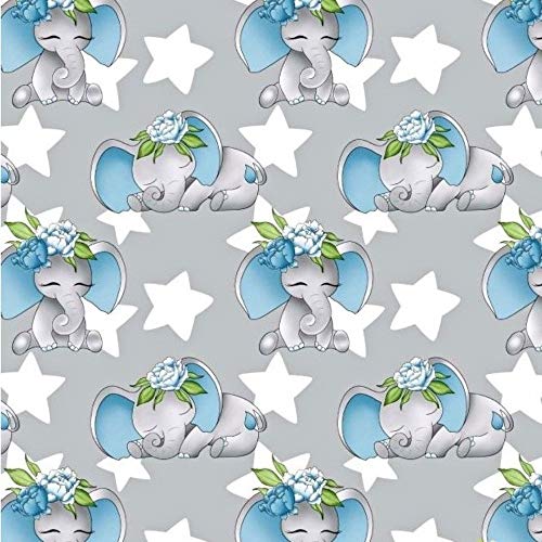 Pingianer Tela de algodón 100 % para niños, por metros, artesanía, tela de costura, diseño de elefante con estrellas azules, 100 x 160 cm