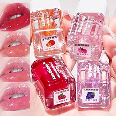 4 PCS Aufpolsterndes Lippenöl-Set, Hydratisierender Schimmer Perlglanz Aufpolsternder Lipgloss Getönter Lippenbalsam Lippenpflege Transparentes Lippenöl Cover