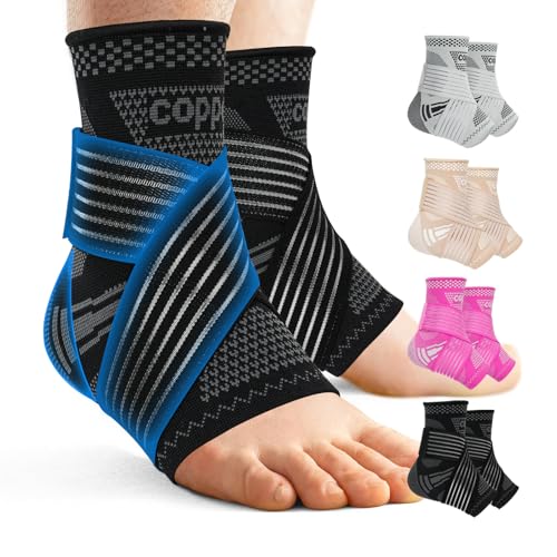 Image of DRNAIETY Copper Ankle Brace for Men & Women - 1 Pair Adjustable Ankle Support Compression Sleeve for Plantar Fasciitis, Achilles Tendonitis, Foot Pain, Swelling, Sprains - Everyday Use (Black, Small)