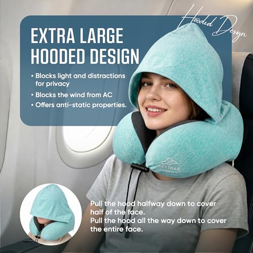 Image of SkytraxComf Travel Neck Pillow with Hood for Privacy on Long Flights | Memory Foam | Airplane Sleep | Safety-Tested Materials | Extra Large Hood | Chin Support | Earplugs | Washable Cover