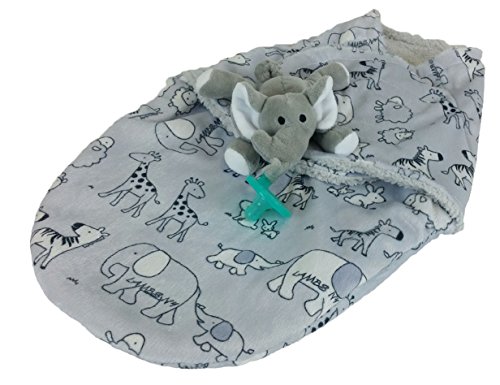Premium Cotton and Wool Baby/Infant Swaddle Wrap Nursery Blanket 2-Piece Bundle w/ BPA-Free Pacifier With Attached Plush Elephant / Newborn, 0-3 Months / Boys,Girls / Great Gift for Expecting Mothers